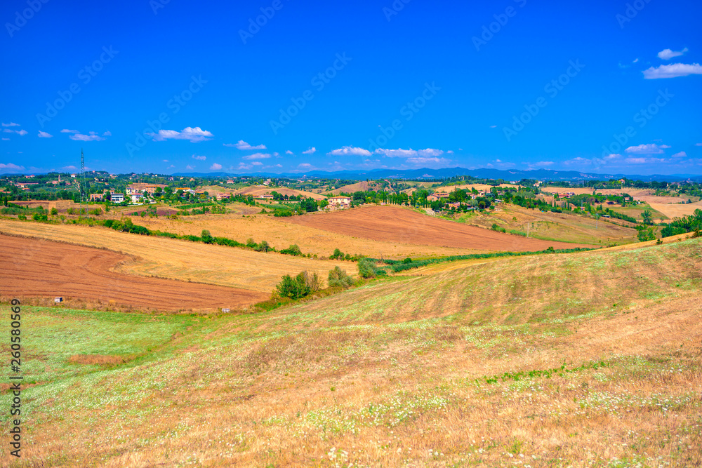 Panoramic view of a spring day in the Italian rural landscape