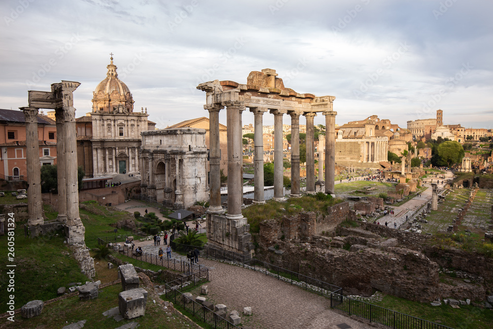 The view of the Roman forum, city square in ancient Rome, ancient architecture and cityscape of old Rome, Italy