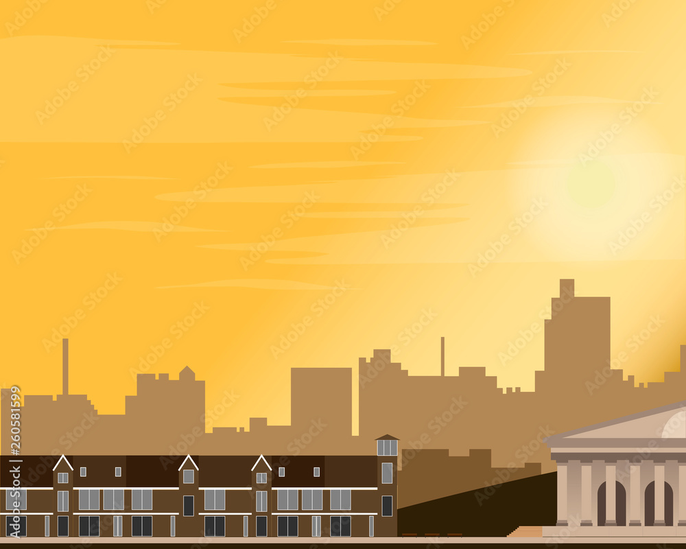 Cityscape at sunset. Panorama of the street. Summer. Vector illustration.