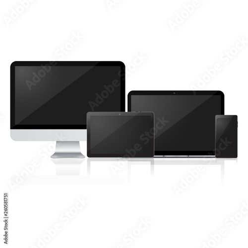 Mock up of Computer, Laptop, tablet and smart phone. Vector.