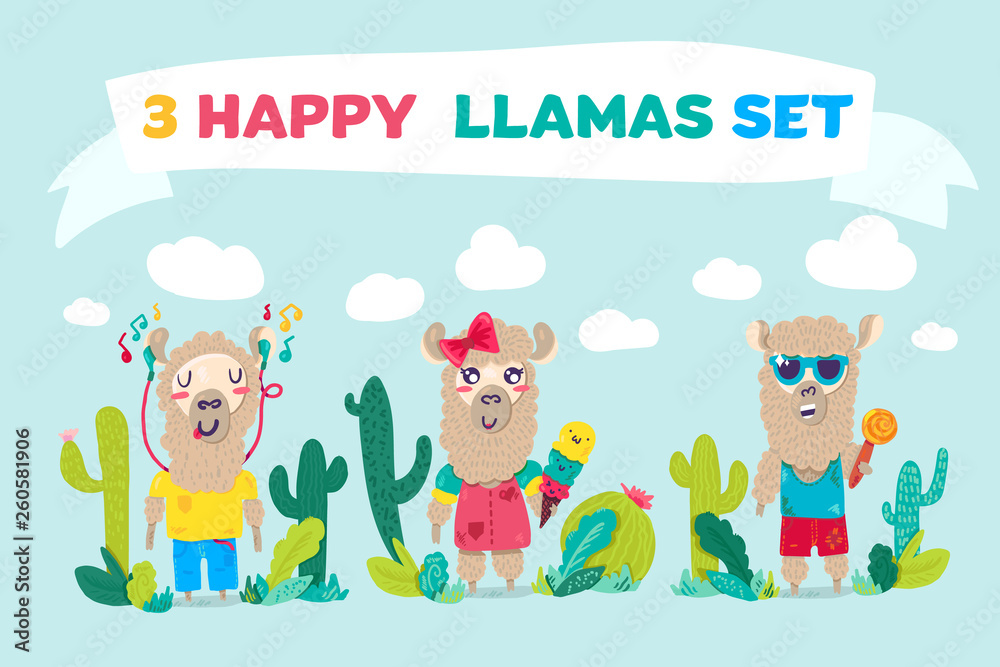Happy llamas cartoon characters set Happy llamas cartoon characters set