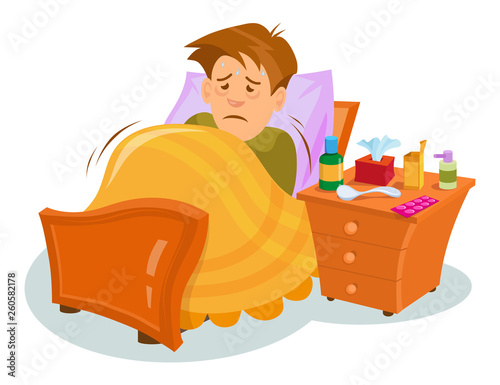 Flu sickness. Sick person having cold. Ill man headache. Medicine for the disease. Flu illness person. Сartoon sick man. Vector graphics to design