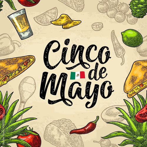 Seamless pattern mexican food and Cinco de Mayo handwriting lettering.