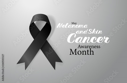 Melanoma and Skin Cancer Awareness Calligraphy Poster Design. Realistic Black Ribbon. May is Cancer Awareness Month. Vector