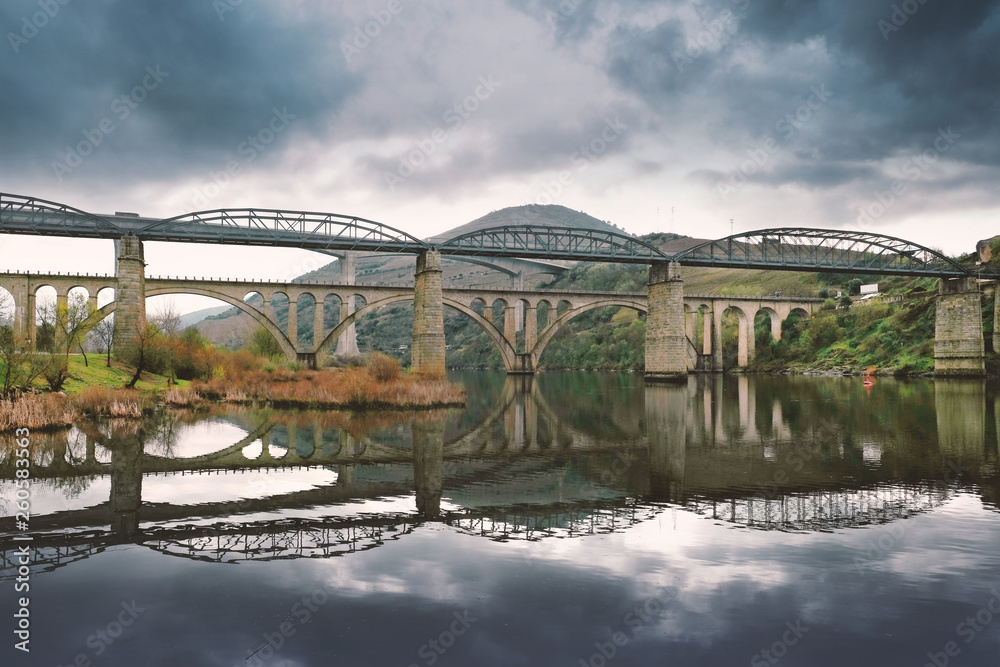 Fototapeta premium Bridges in the Valley of the Douro River in the Town of Regua in Portugal on a spring day