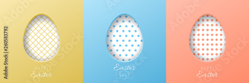 Easter egg. Set of white Easter eggs cut out of paper with a pattern inside. Postcard with an Happy Easter lettering. Paschal sale banner.