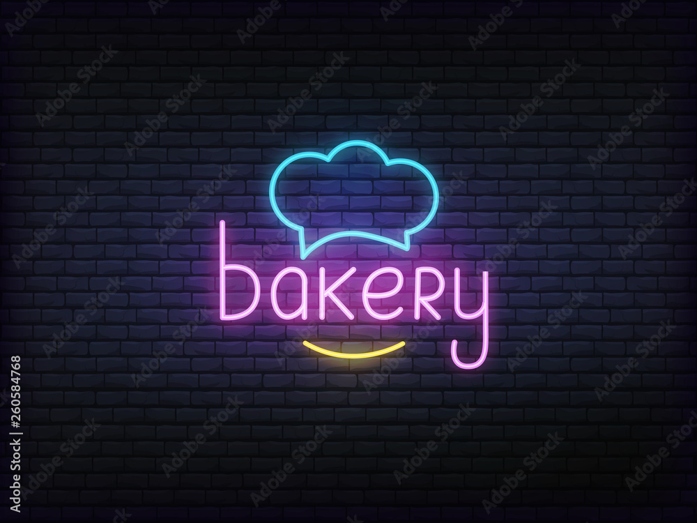 Bakery neon glowing sign. Bright vector label of chef hat and bakery lettering.