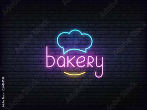 Bakery neon glowing sign. Bright vector label of chef hat and bakery lettering.