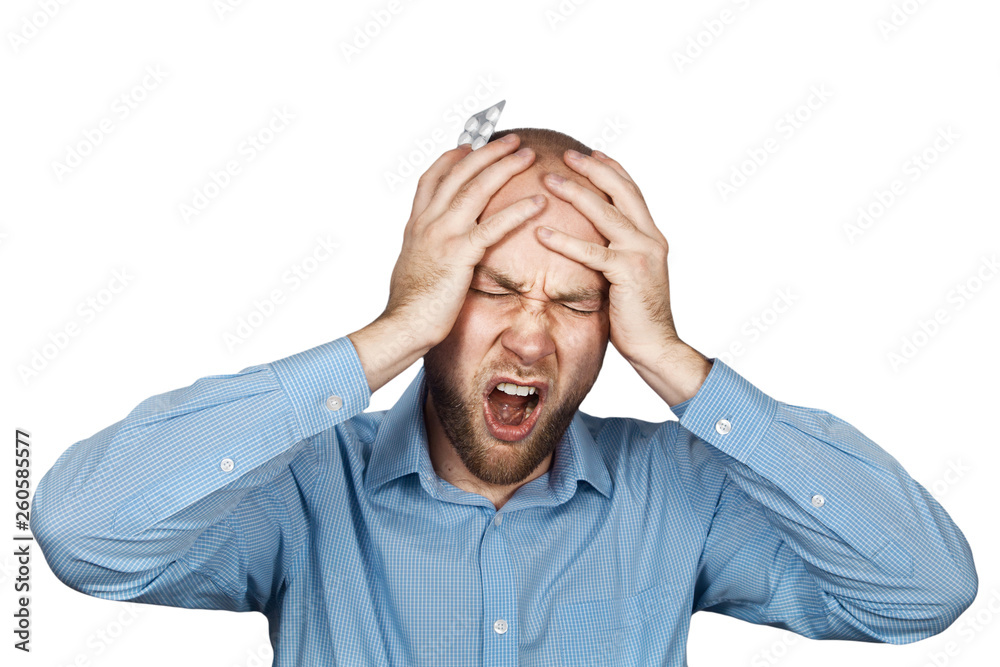 man in a blue shirt taking antibiotic, antidepressant, painkiller pill medication to relieve pain at home. Young guy feeling sick, emergency treatment concept on isolated white background man in a blue shirt taking antibiotic, antidepressant, painkiller pill medication to relieve pain at home. Young guy feeling sick, emergency treatment concept on isolated white background