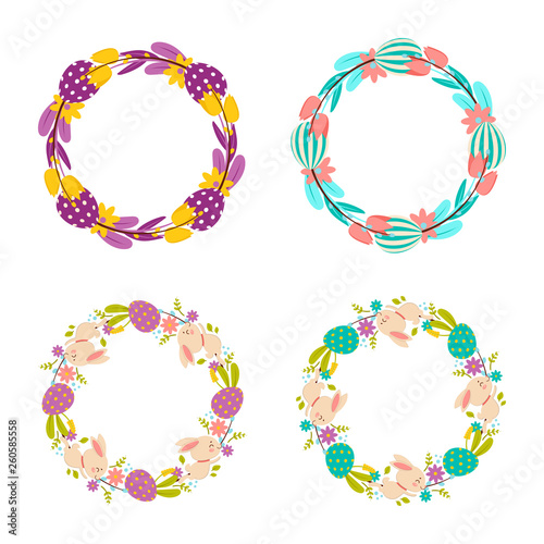 Collection of Easter wreaths of flowers, eggs and rabbits. Isolated on white background.