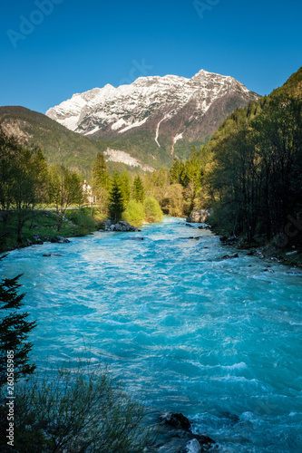 View from river Soca to mountains in Triglav National Park photo