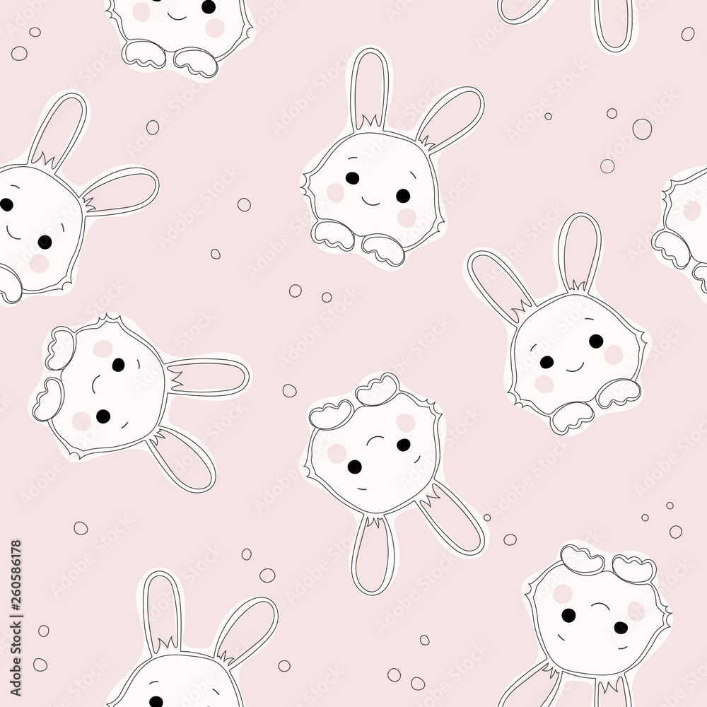 Cute pink vector cartoon background with bunnies. Rabbit pattern texture. Bunny foot and tail rabbit children decoration background.
