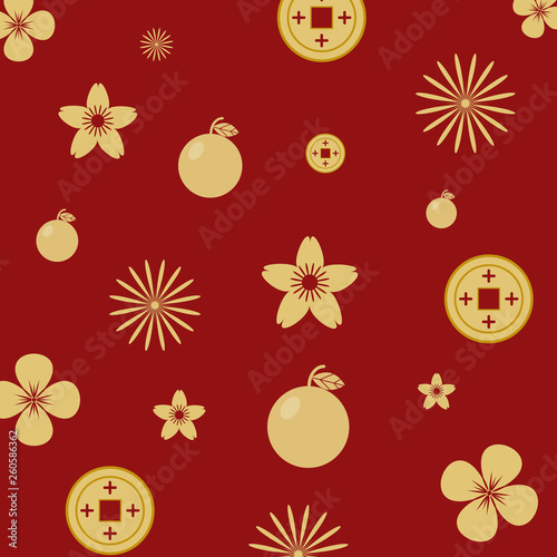 Seamless pattern gold color on red background with Chinese elements .