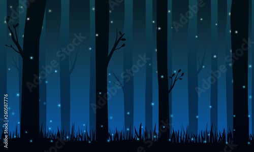 Night forest background with fireflies of dimly lit.