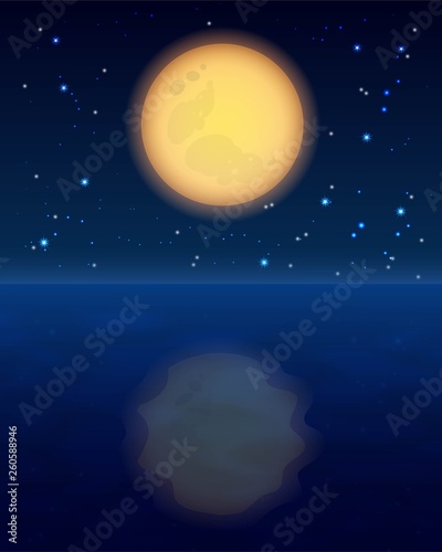 Full Moon yellow on night sky with star and his reflection in water