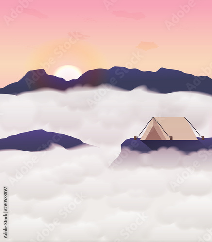 Camping on cliff when mist on sky pink.