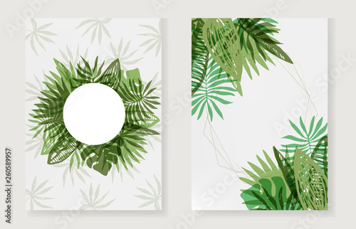 Set of fresh green color frames with round and corners mess of hand drawn tropical leaves. Trendy vertical exotic greenery border for summer greeting cards  banner design  wedding decoration
