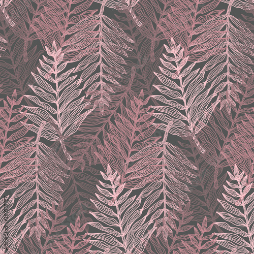 Abstract elegant pale pink and red tropical leaves seamless pattern. Trendy coral monochrome vector exotic fern leaves texture for textile, wrapping paper, surface, cover, web design, background