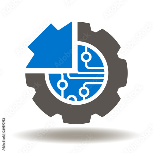 Gear microchip arrow icon vector. Cogwheel circuit integration tech logo. Electronics hardware production and install symbol.