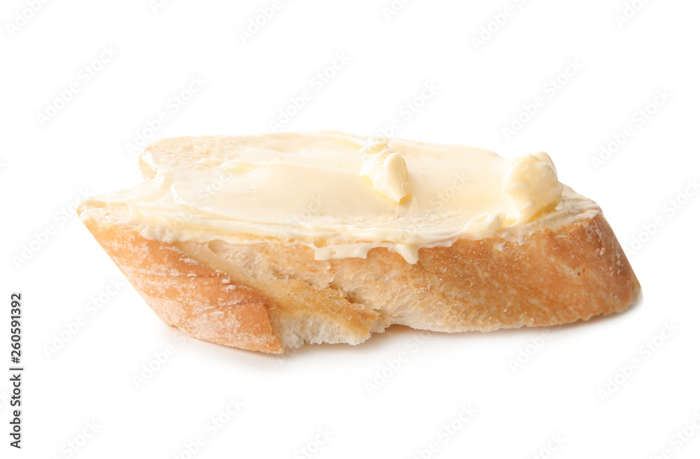 Fresh bread with butter on white background