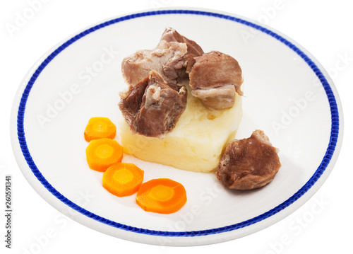 Tasty steamed turkey with mashed potatoes and carrots, diet food