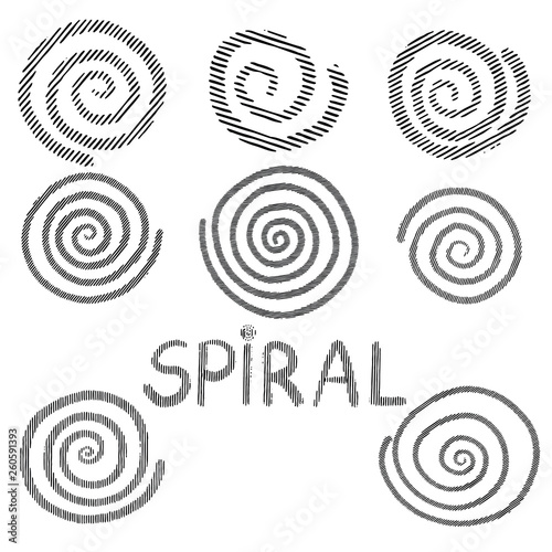 Vector grunge organic ink textured spiral set. Abstract design elements set. Swirl motion brush stroke. Overlay artistic shape illustration. Grungy aged distressed moving curve. Uneven twirl circle.