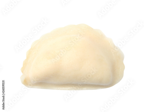 Tasty boiled dumpling on white background, top view