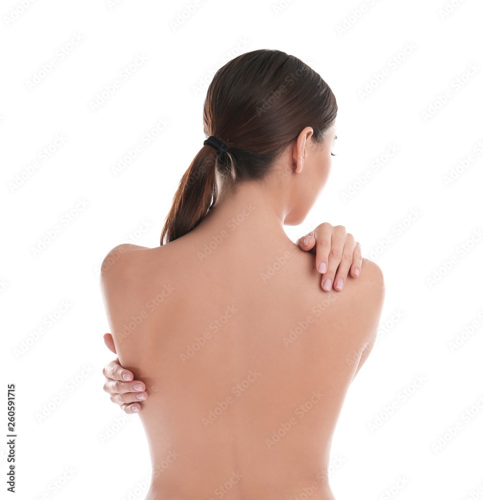 Back view of woman with perfect smooth skin on white background