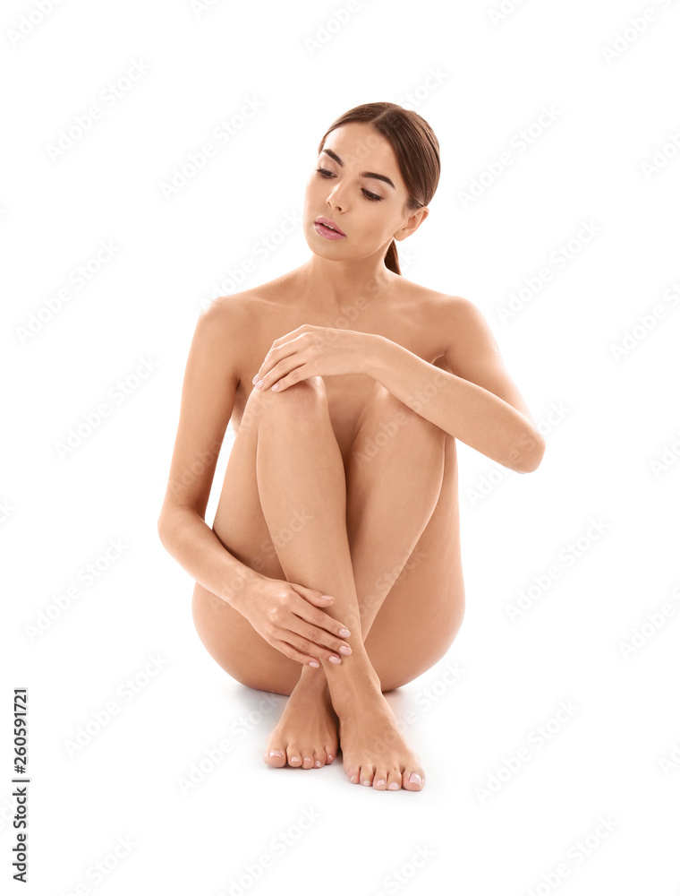 Young woman with perfect smooth skin on white background. Beauty and body care Young woman with perfect smooth skin on white background. Beauty and body care