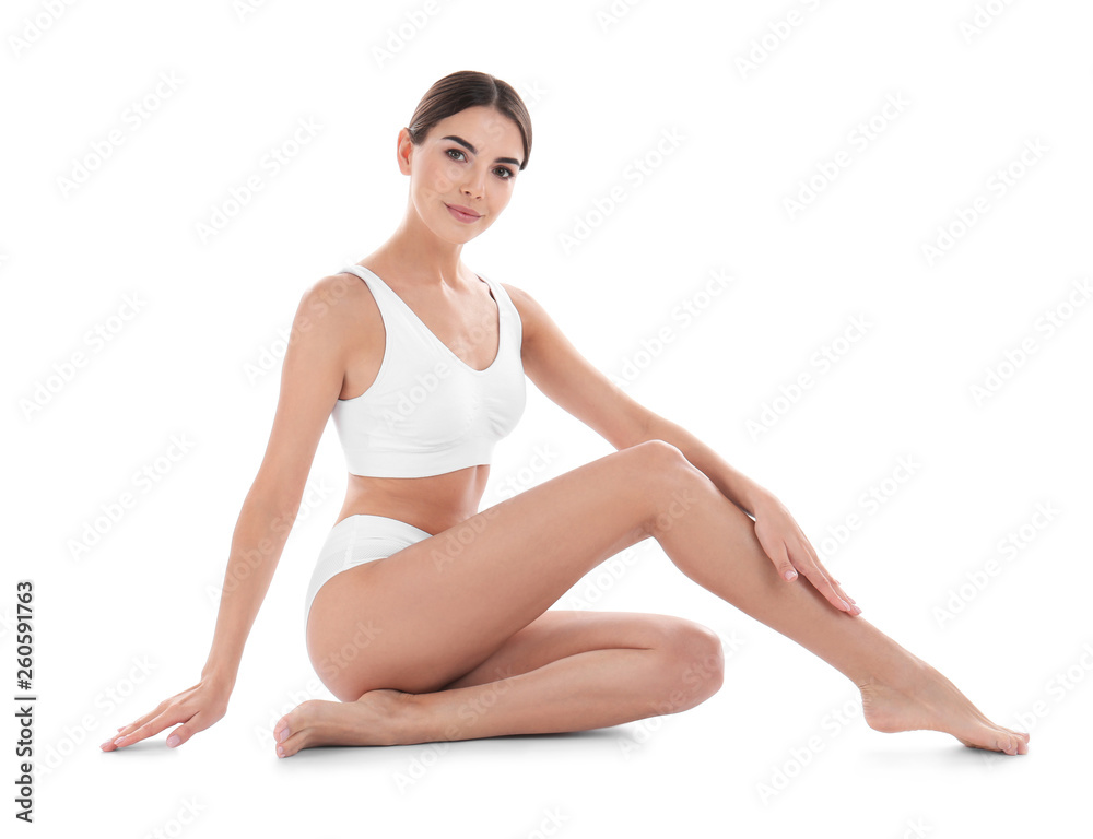 Young woman with perfect skin on white background. Beauty and body care Young woman with perfect skin on white background. Beauty and body care