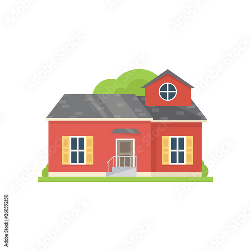 Red classic village house with big windows and fence