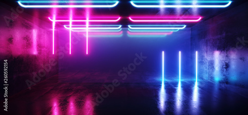 Fluorescent Vibrant Neon Futuristic Sci Fi Glowing Purple Blue Virtual Reality Cyber Tunnel Concrete Grunge Floor Room Hall Studio Stage Empty Space Background 3D Rendering