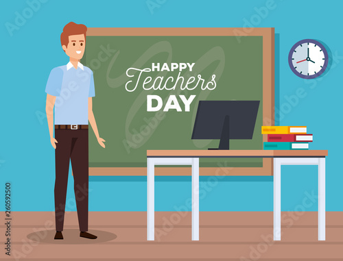 man teacher with blackboard and clock with computer