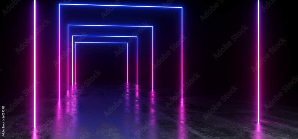 Purple Blue Vibrant Neon Fluorescent Rectangle Shaped Sci Fi Futuristic Track Path Grunge Concrete Glossy Reflective Floor Underground Garage Black Psychedelic Pattern 3D Rendering Purple Blue Vibrant Neon Fluorescent Rectangle Shaped Sci Fi Futuristic Track Path Grunge Concrete Glossy Reflective Floor Underground Garage Black Psychedelic Pattern 3D Rendering