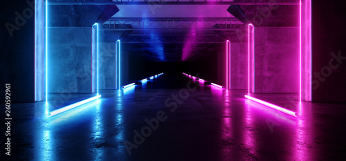 Spaceship Virtual Futuristic Sci Fi Neon Glowing Fluorescent Track Purple Blue Pink Corridor Path Gate Tunnel Gallery Light Lines Triangle Shaped Underground Grunge Concrete Glossy Dark 3D Rendering