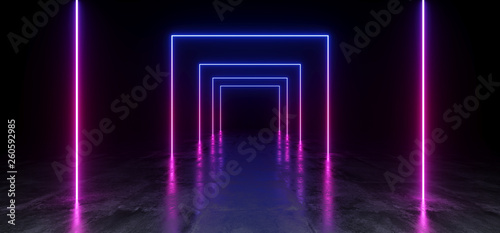 Purple Blue Vibrant Neon Fluorescent Rectangle Shaped Sci Fi Futuristic Track Path Grunge Concrete Glossy Reflective Floor Underground Garage Black Psychedelic Pattern 3D Rendering