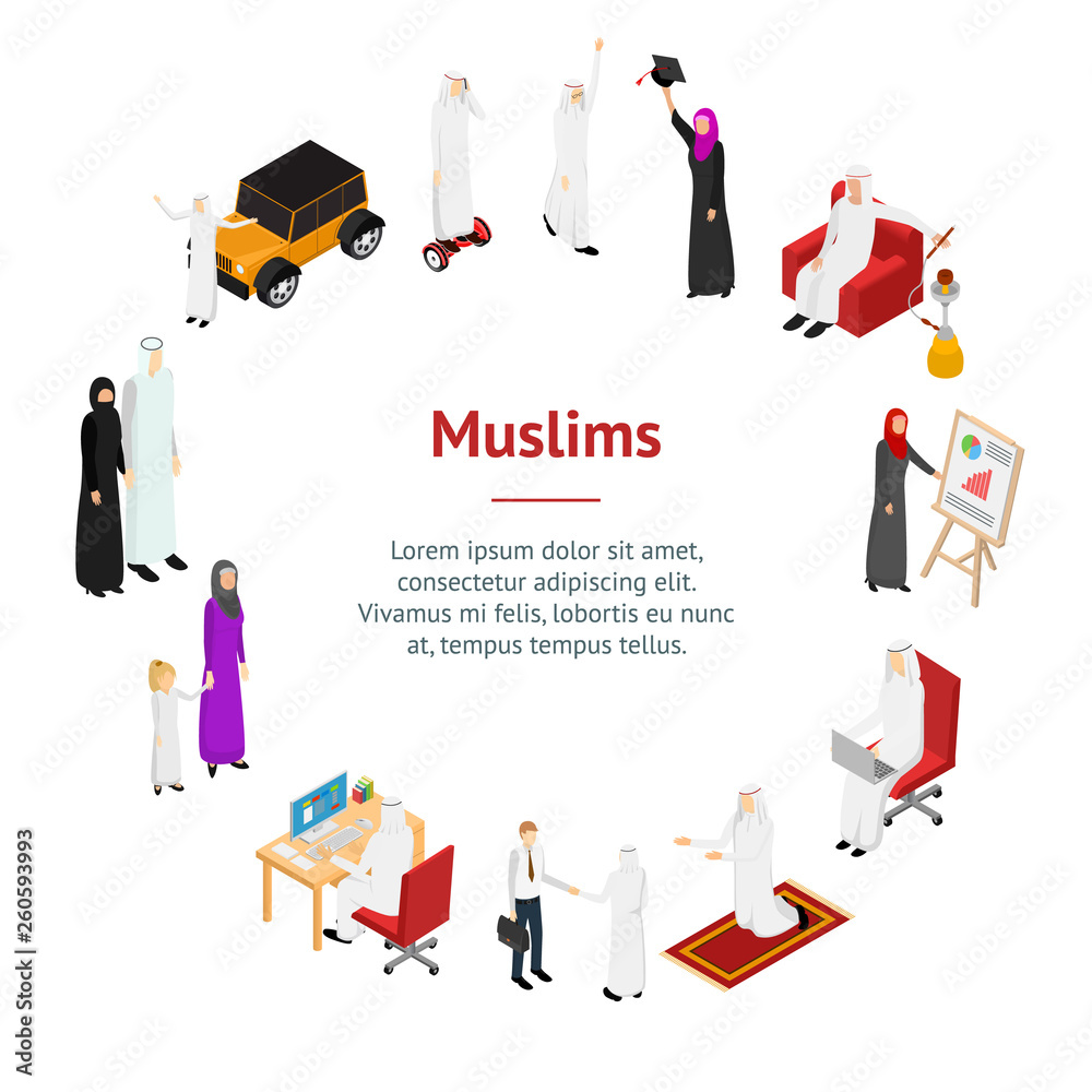 Arab Muslims People 3d Banner Card Circle Isometric View. Vector Arab Muslims People 3d Banner Card Circle Isometric View. Vector