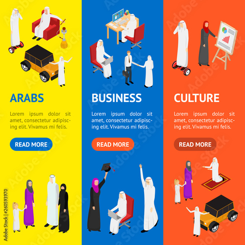 Arab Muslims People 3d Banner Vecrtical Set Isometric View. Vector