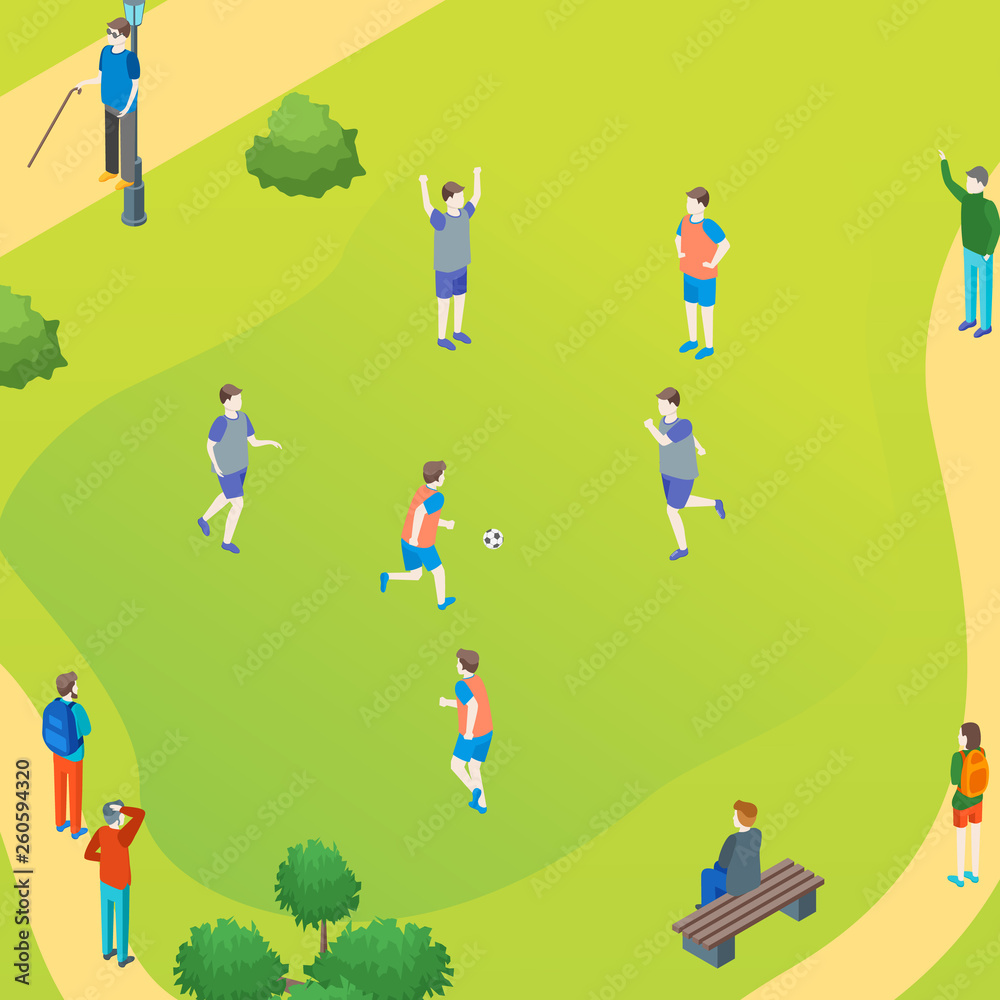 Public Park Play Football Concept Card Poster. Vector