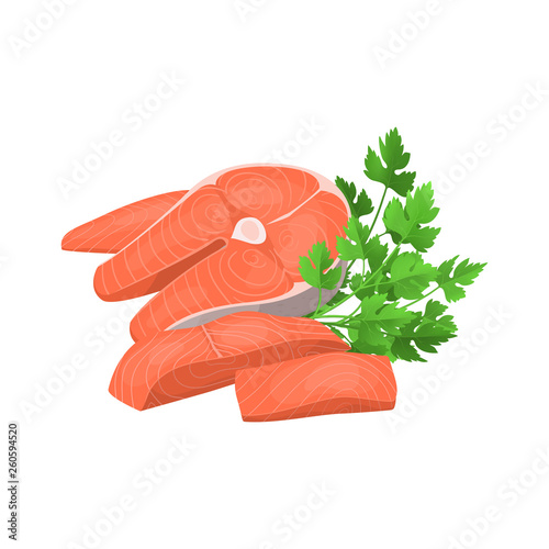 Cartoon Steak and Pieces of Salmon and Green Raw Parsley. Vector