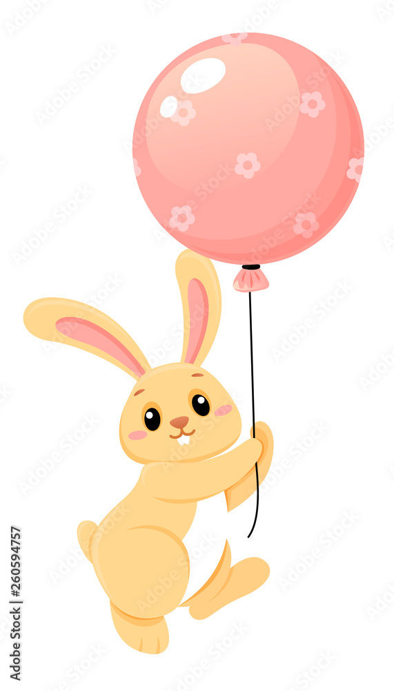 Obraz premium Cute little rabbit flying with pink balloon