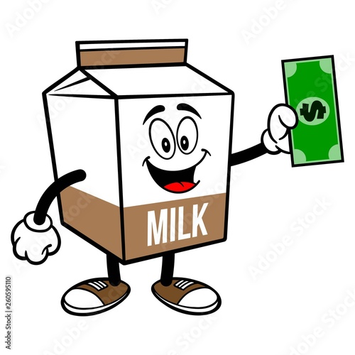 Chocolate Milk Carton Mascot with a Dollar - A cartoon illustration of a Chocolate Milk carton mascot.