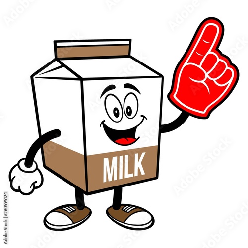 Chocolate Milk Carton Mascot with a Foam Hand - A cartoon illustration of a Chocolate Milk carton mascot.