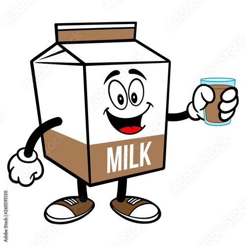 Chocolate Milk Carton Mascot with a Glass of Chocolate Milk - A cartoon illustration of a Chocolate Milk carton mascot.