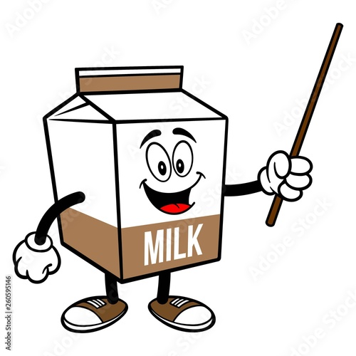 Chocolate Milk Carton Mascot with a Pointer Stick - A cartoon illustration of a Chocolate Milk carton mascot.