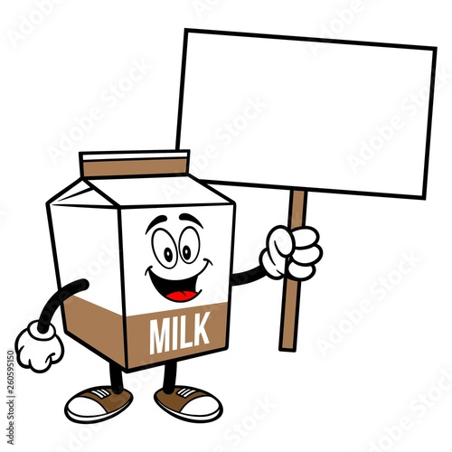 Chocolate Milk Carton Mascot with a Sign - A cartoon illustration of a Chocolate Milk carton mascot.