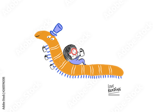 Little girl reading with Mr. Worm, vector illustration