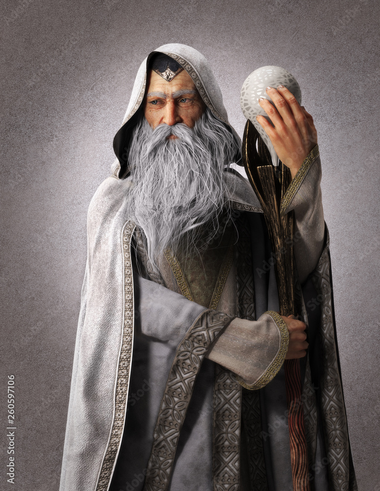 Portrait of a fantasy white wizard with a staff and a backdrop