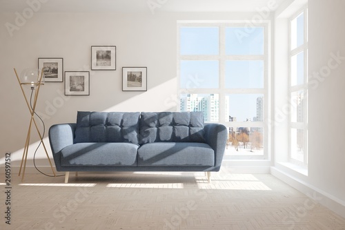 White stylish minimalist room with sofa. Scandinavian interior design. 3D illustration