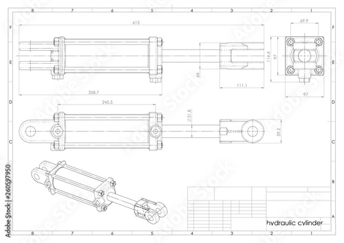 3d illustration of hydraulic cylinder above technical engineering drawing